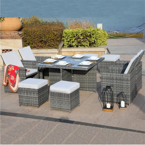 moda furnishings Penny Grey 9-Piece Wicker Outdoor Dining Set with Washed Beige Cushion