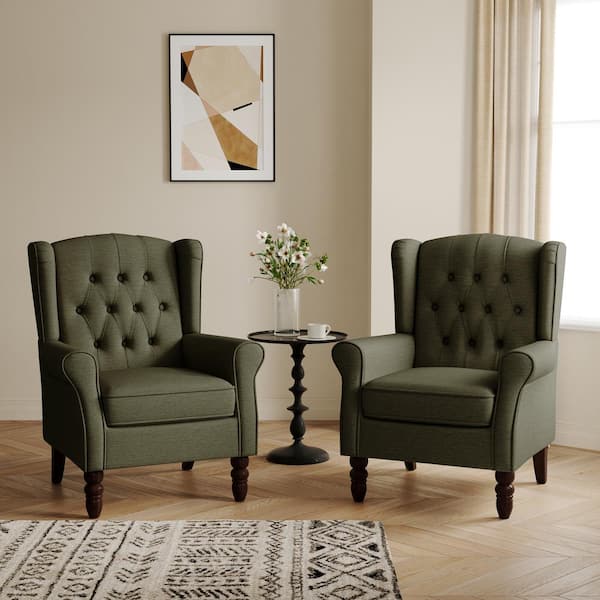 Uixe Green Linen Button Tufted Design Accent Arm Chair (Set of 2