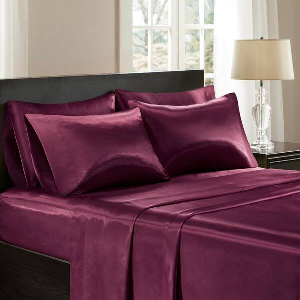 Madison Park Satin 6 Piece Purple Solid Polyester California King Wrinkle Free Luxurious Sheet Set Mpe20 716 The Home Depot Madison Park Satin 6 Piece Purple Solid, California King Bed Sheets Sets