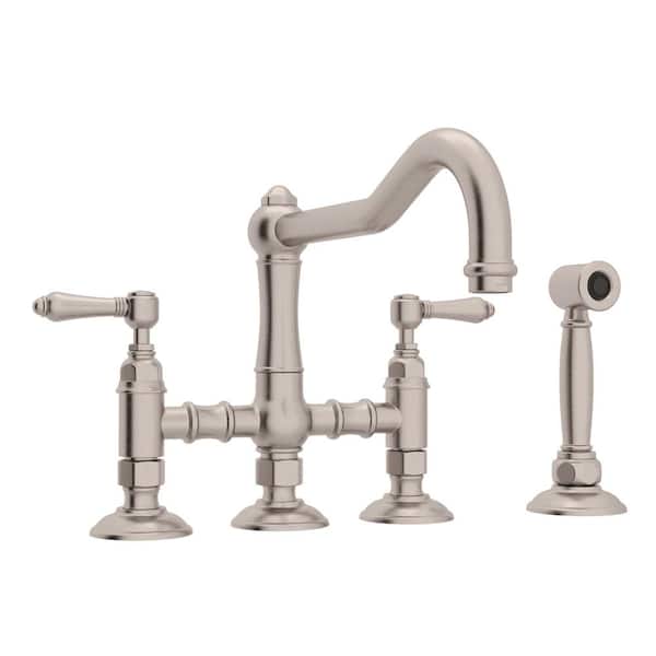 Two Handle Bridge Kitchen Faucet with Sidespray in Satin Nickel