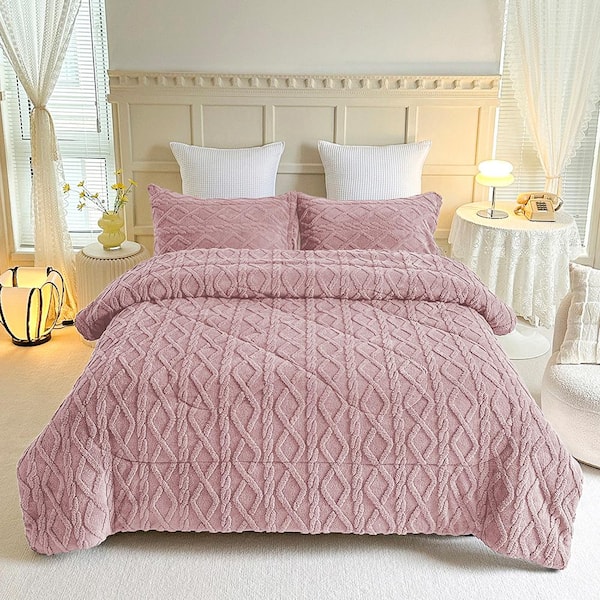 JML 3-Piece Strawberry Milkshake Fluffy Sherpa Fleece Comforter Set Tufted Bedding Comforter Set 75 in. x 83 in.