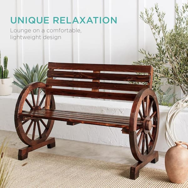 2-Person Wood Wagon Wheel Bench for Backyard Patio Porch Garden, Outdoor Lounge Furniture W/Rustic Country Design