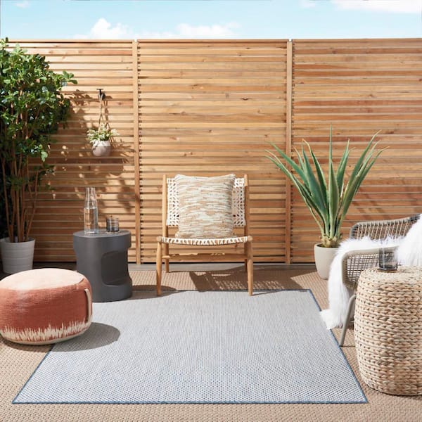 Courtyard Ivory Blue 5 ft. x 7 ft. Geometric Contemporary Indoor/Outdoor Patio Area Rug