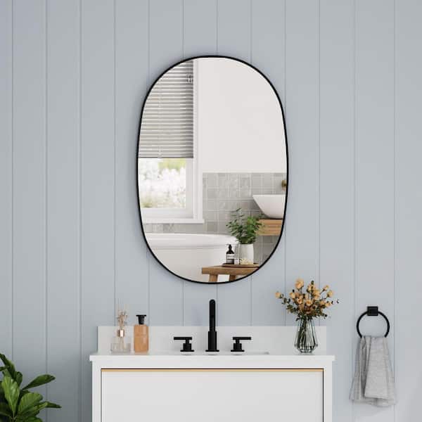 WELLFOR Bella 24 in. W x 36 in. H Oval Anodized Aluminum Framed Wall-Mounted Bathroom Vanity Mirror in Matte Black