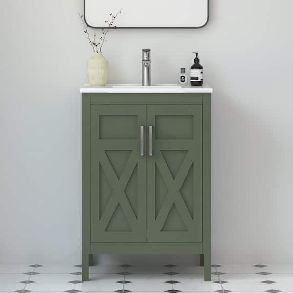HOMEVY STUDIO Silvia 24.25 in. W x 18.5 in. D x 35 in. H Single Sink Freestanding Bath Vanity in Forest Green with White Ceramic Top