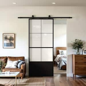 38 in. x 84 in. 3/4-Lite Tempered Clear Glass Black Steel Frame Sliding Barn Door with Hardware Kit and Soft Close