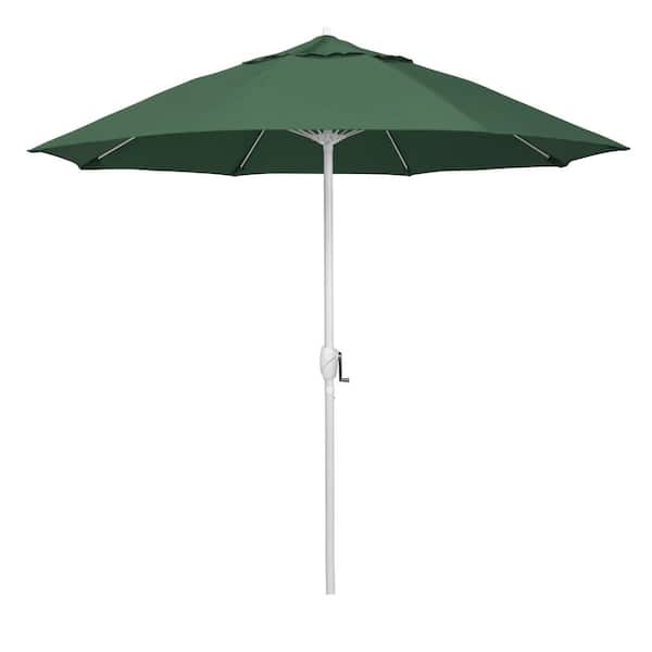 California Umbrella 9 ft. Matted White Aluminum Market Patio Umbrella Fiberglass Ribs and Auto Tilt in Hunter Green Olefin