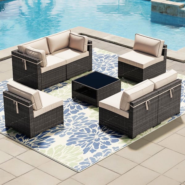7-Piece Outdoor Wicker Patio Sectional Sofa Conversation Set with Beige Cushions