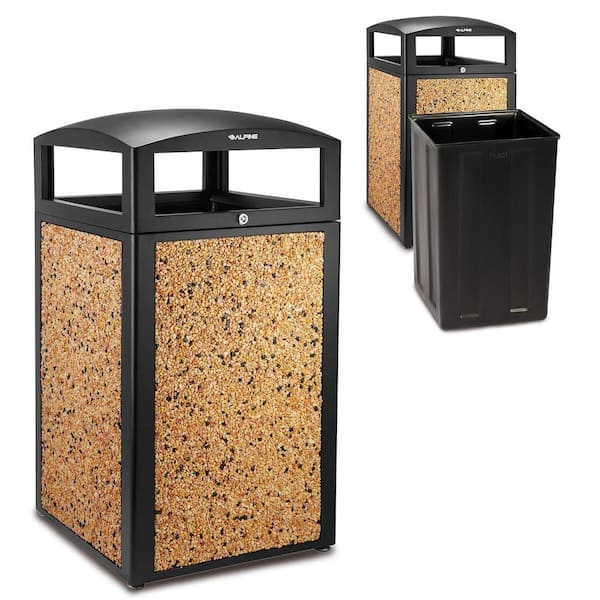 40 gal. Beige Stone All-Weather Vented Outdoor Commercial Trash Can Receptacle with Lid and Liner