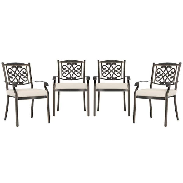 Mondawe Cast Aluminum Outdoor Patio Dining Chair Flower-Shaped Backrest Side Chair with Beige Cushions (Set of 4)