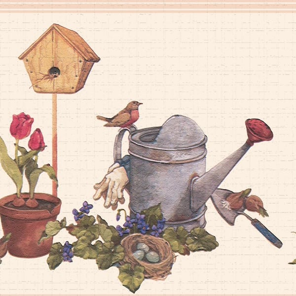 Dundee Deco Falkirk Dandy II Cream Grey Red Garden Nature Peel and Stick Wallpaper Border