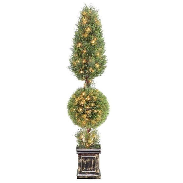 National Tree Company 72 in. Juniper Cone and Ball Topiary Tree with Black Square Pot and 200 Clear Lights