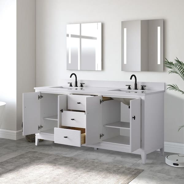 72 in. W x 22 in. D Double Sink Freestanding White Bath Vanity Cabinet with White Engineered Marble Top