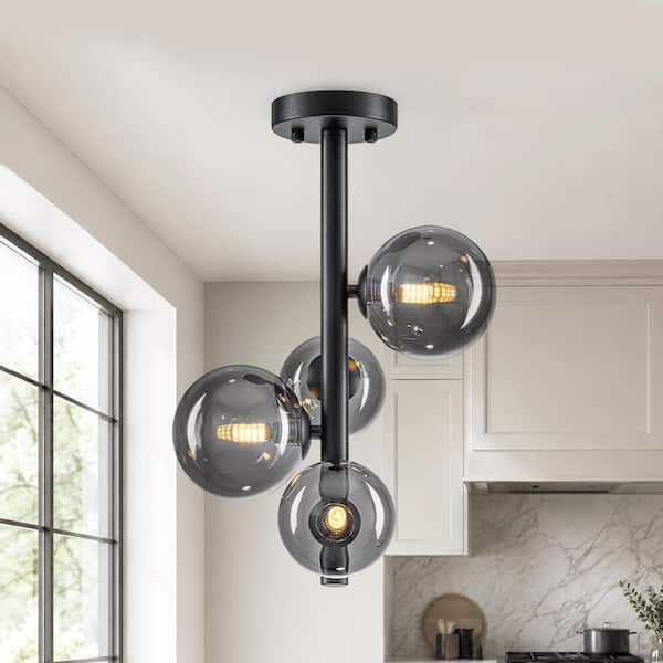 11.02 in. 4-Light Black Metal Modern Flush Mount Ceiling Light with Smoky Gray Glass Globe Shades