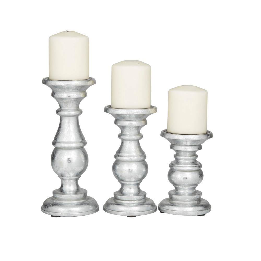 Hollywood Glam Silver Mango Wood Pillar Candle Holders - Set of 3