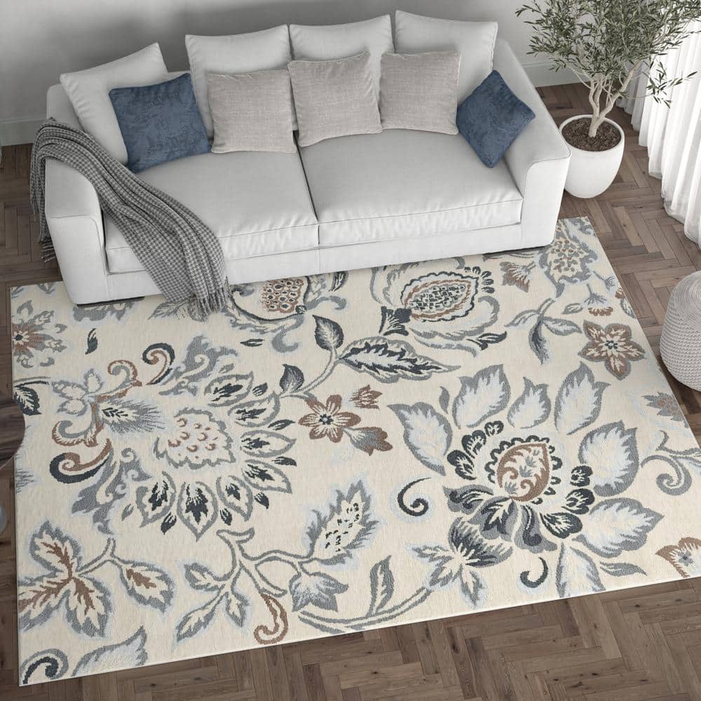 Madison Cream Floral Rectangular Synthetic Area Rug 2x3