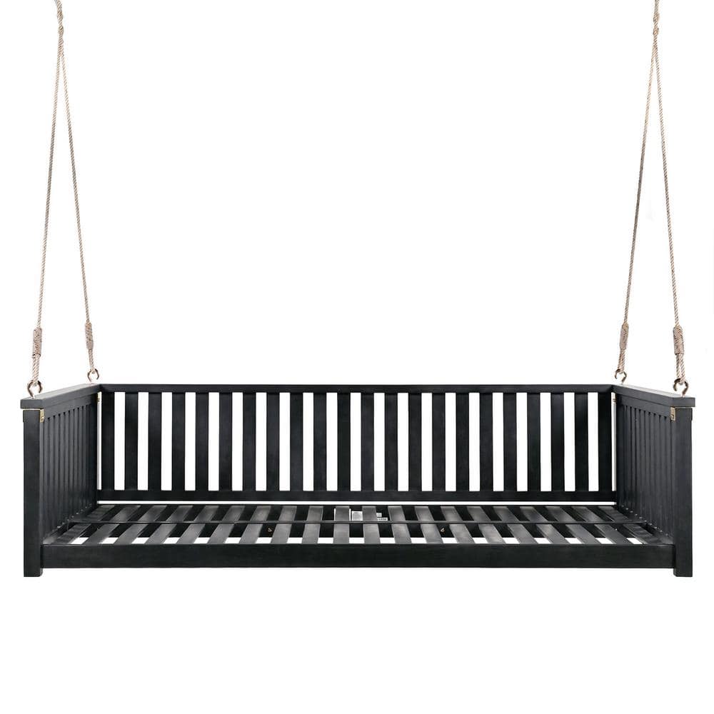 ITOPFOX 2-Person Acacia Wood Twin Size Garden Swing Bed, Porch Swing with Ropes, Safe Sloped Design, High Weight Capacity, Black H2SA11-3OT306