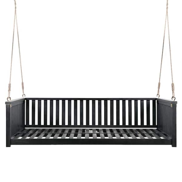 ITOPFOX 2-Person Acacia Wood Twin Size Garden Swing Bed, Porch Swing with Ropes, Safe Sloped Design, High Weight Capacity, Black