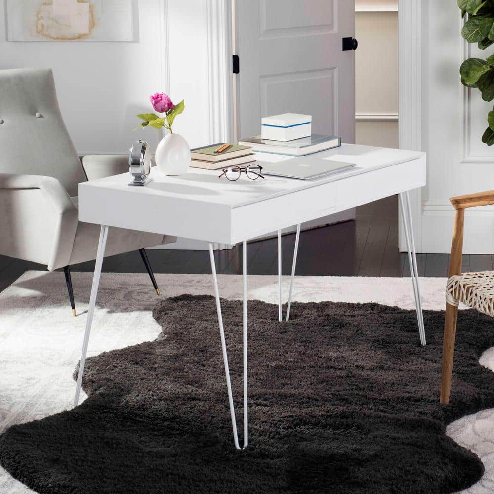 Transitional White Home Office Desk with Dual Hidden Drawers