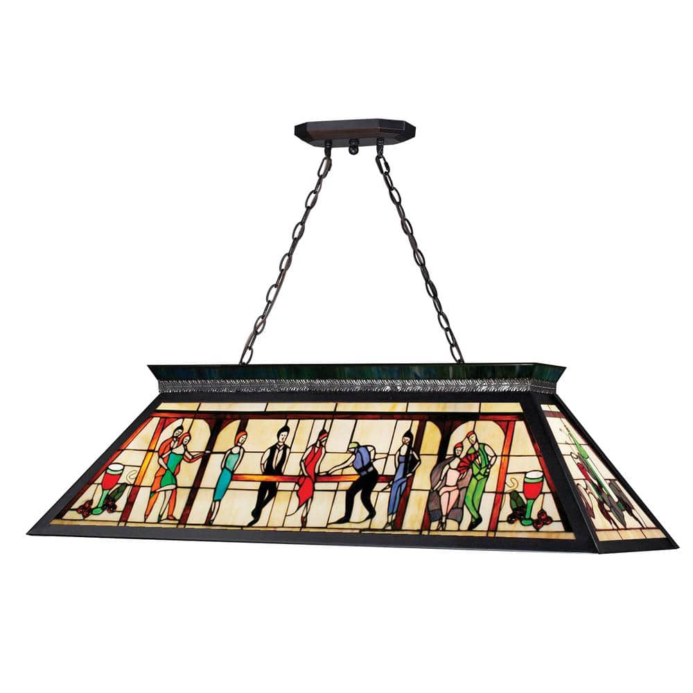 Multicolor Tiffany Glass 4-Light Island Pendant in Matte Black