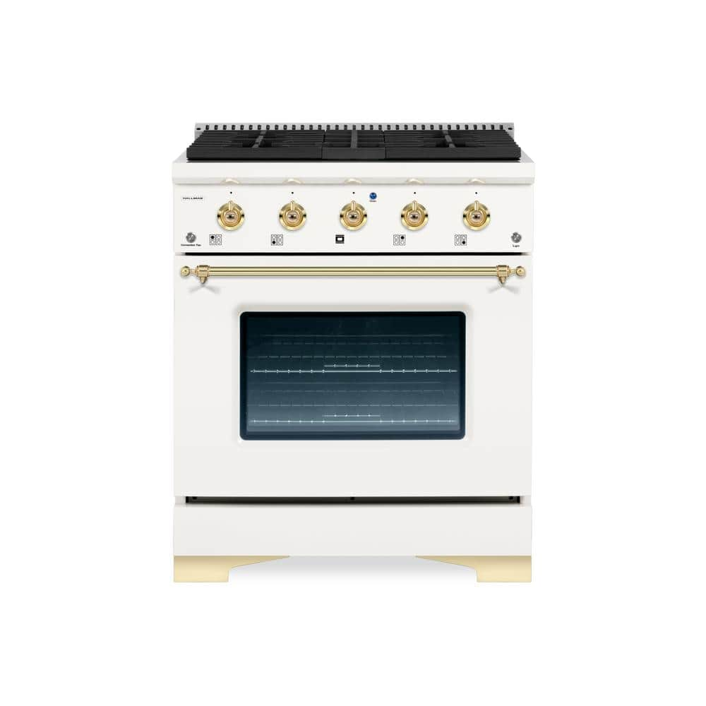 CLASSICO 30 in. 4.2 Cu.Ft. 4 Burner Freestanding All Gas Range with Gas Stove and Gas Oven, White with Brass Trim -  Hallman, HCLRG30BSWT