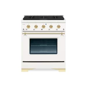 CLASSICO 30 in. 4.2 Cu.Ft. 4 Burner Freestanding All Gas Range with Gas Stove and Gas Oven, White with Brass Trim