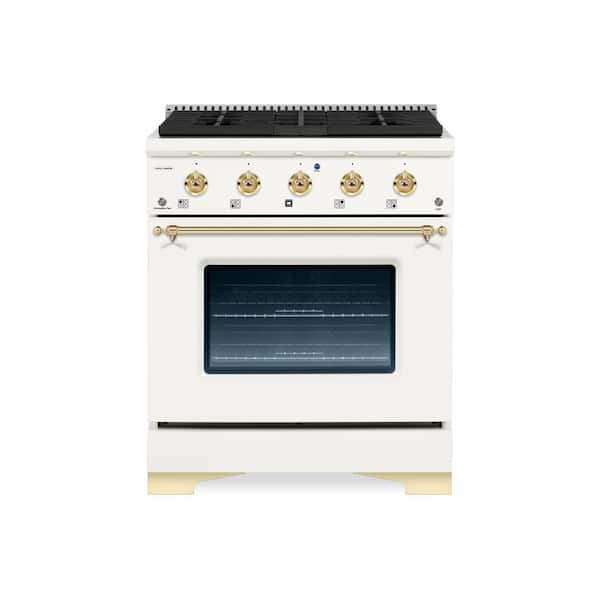 Hallman CLASSICO 30 in. 4.2 Cu.Ft. 4 Burner Freestanding All Gas Range with Gas Stove and Gas Oven, White with Brass Trim