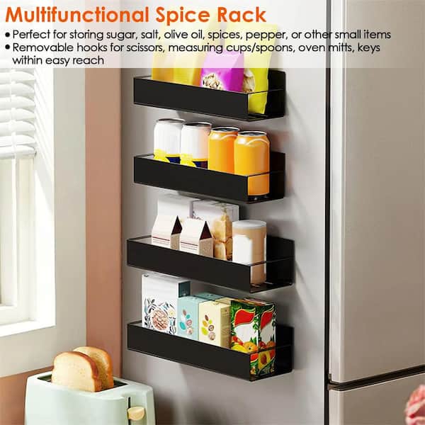 4pcs Spice Rack Strong Magnetic Seasoning Storage Shelf with 8 Removable Hooks for Refrigerator Microwave Spice Holder