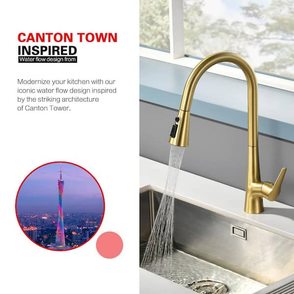 Hourglass Stream Touchless in Brushed Gold 18.5 in Pull Down Sprayer Kitchen Faucet with 360 Degree Spout Swivel