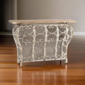 55.1 in. Brown and White Rectangle Wooden Console Table with Scrollwork and Iron Curved Base