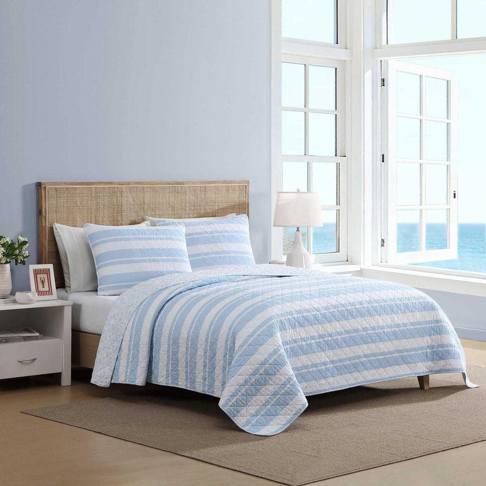 Nautica Seafront Stripe Reversible 3-Piece White/Blue Cotton King
