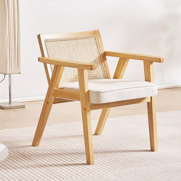 Rattan Dining Chair, Upholstered Velvet Accent Chair with Rattan Back, Retro Living Room Chair(Set of 1)