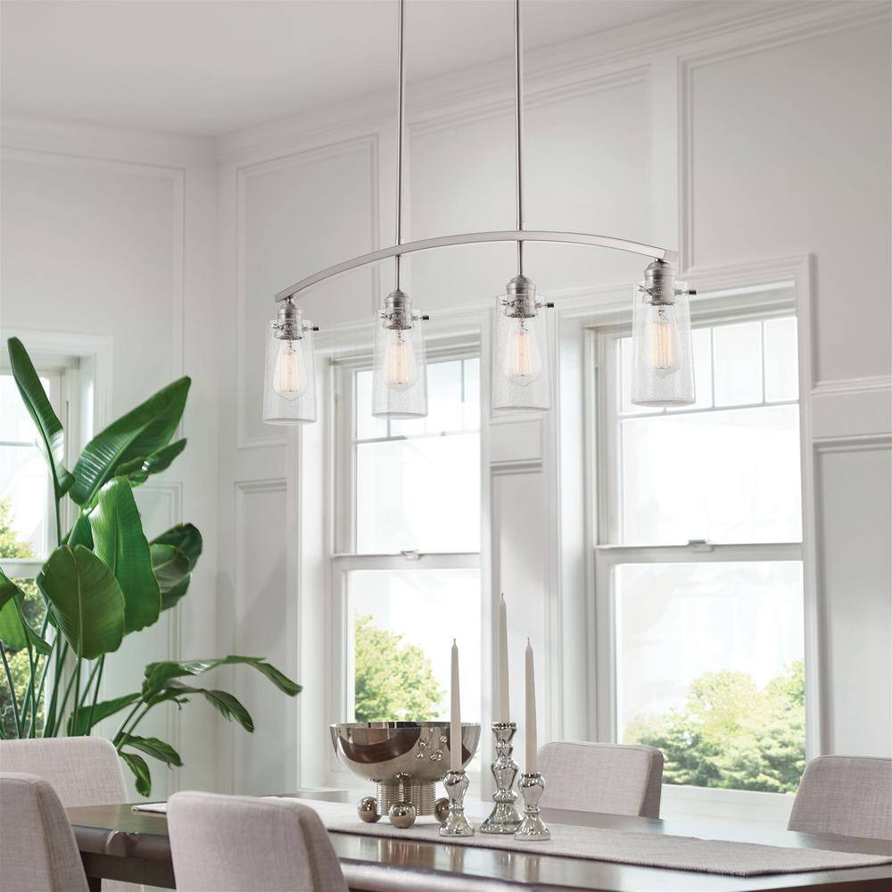 Brushed Nickel Linear Island Chandelier with Seeded Glass Shades
