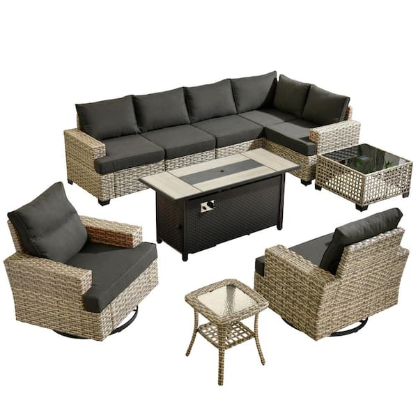 Torino Gray 10-Piece Wicker Outdoor Patio Conversation Sofa Sectional Set with a Metal Fire Pit and Black Cushions