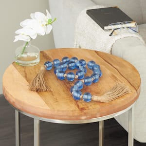 Blue Handmade Glass Round Beaded Garland with Tassel with Knotted Brown Jute