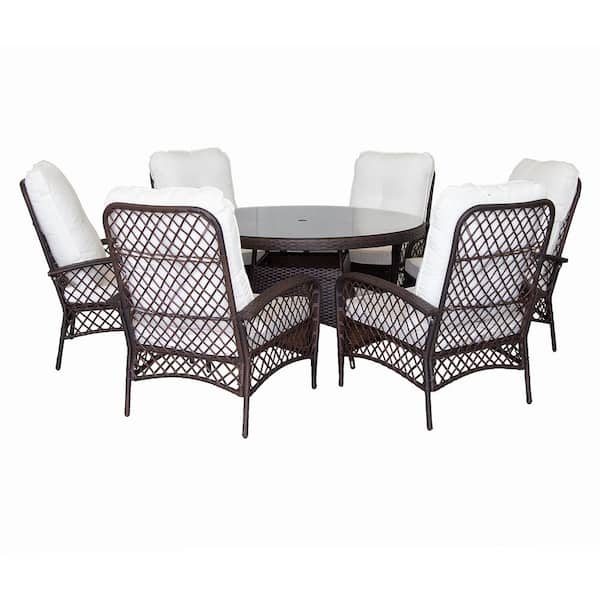 PATIOPTION 7-Piece Wicker Outdoor Dining Set with White Cushion, 53.1 in. Round Table - 6 Armchair Chair