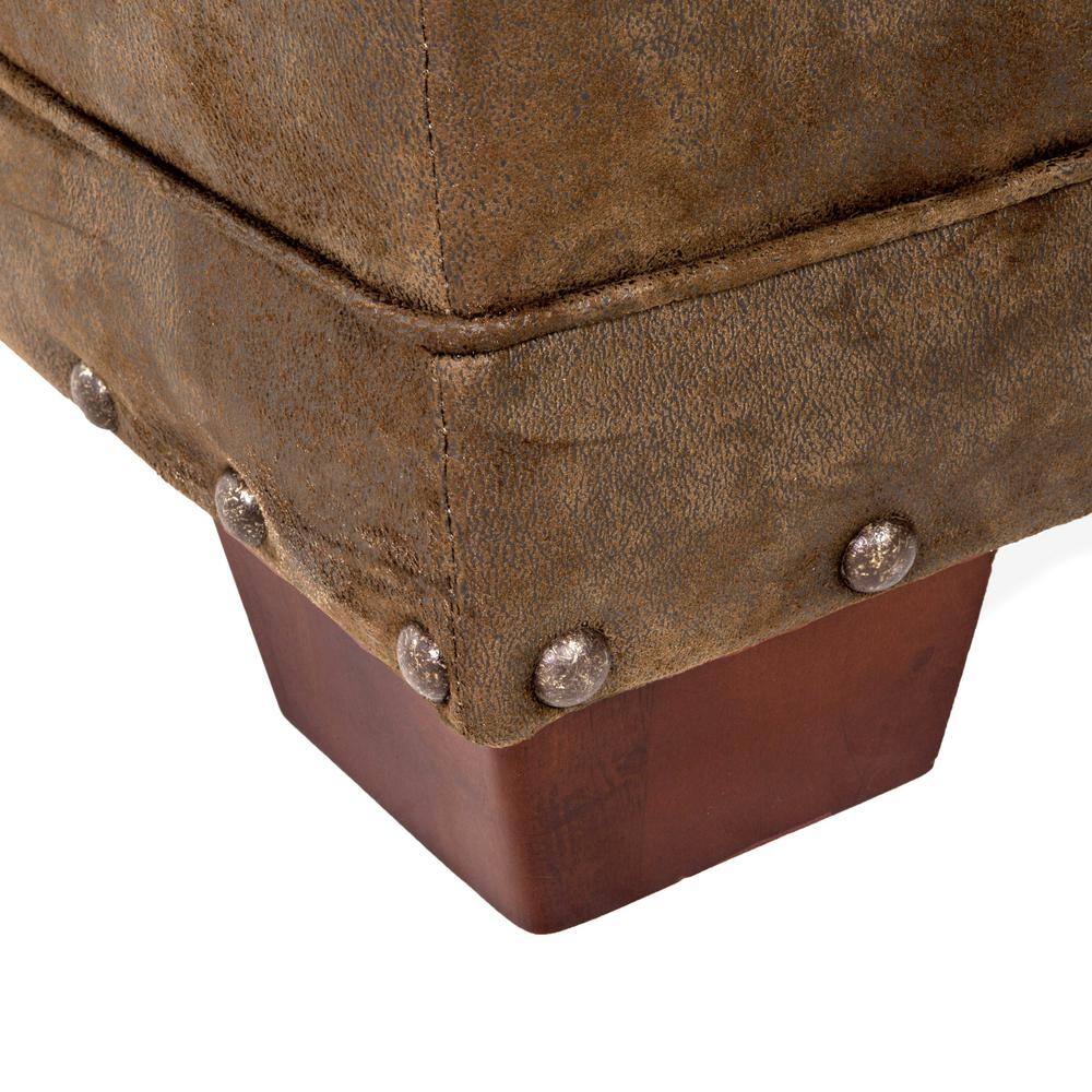 Teal and Brown Tapestry Lodge Ottoman with Wood Legs