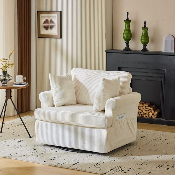 Beige Corduroy Arm Chair with Wood Swivel Base