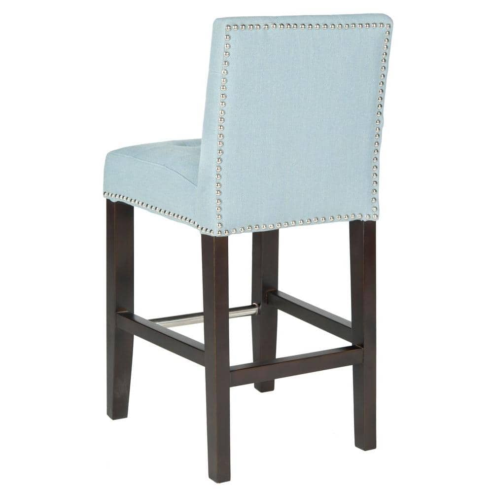 Transitional Sky Blue Leather & Metal Counter Stool with Silver Nailheads