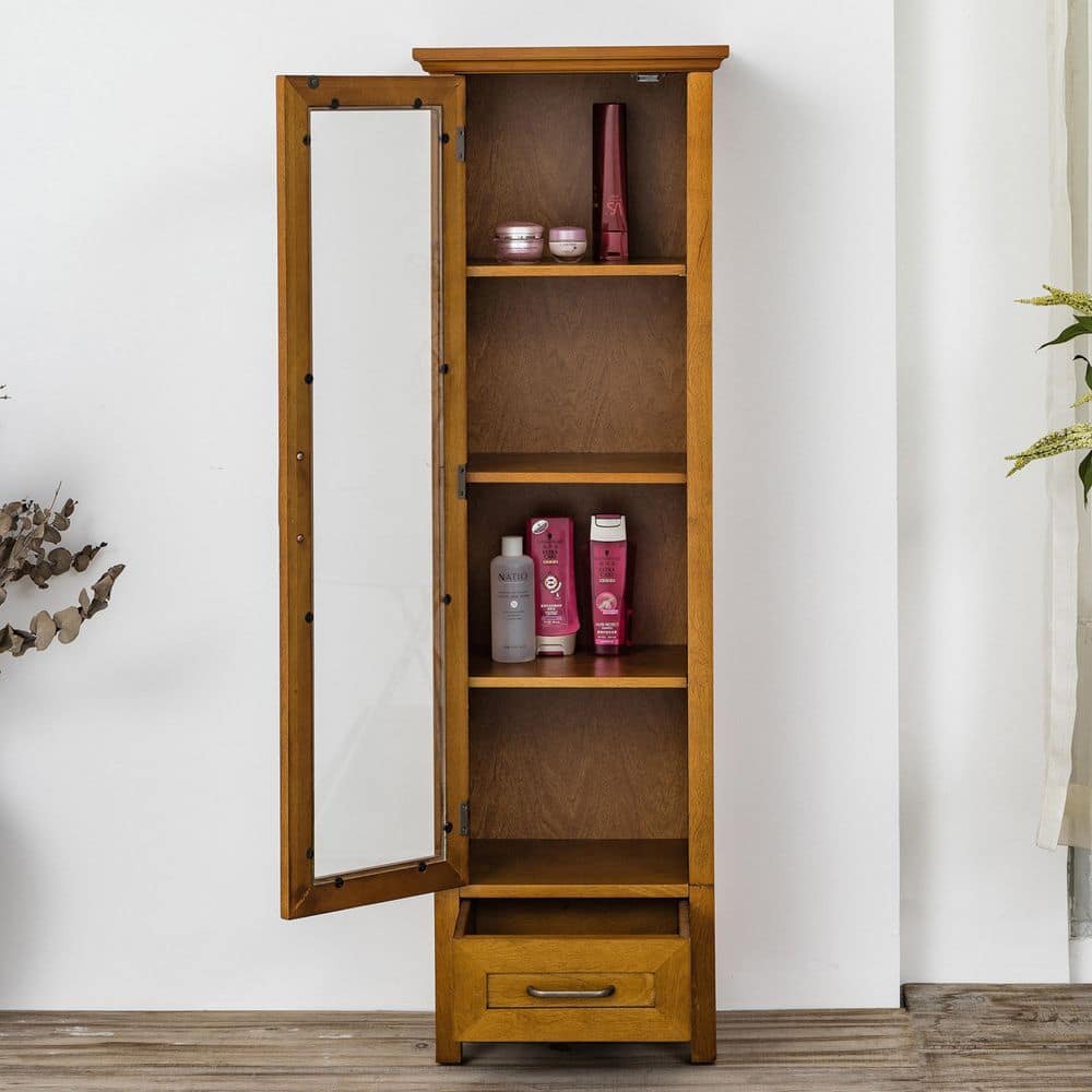 Elegant Avery Oak Linen Tower with Glass Paneled Door and Antique Brass Knobs