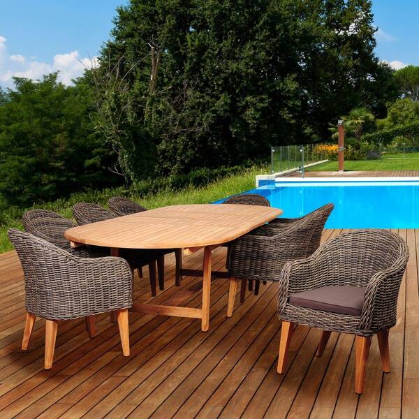 Amazonia Fender 9-Piece Teak/Wicker Double Extendable Oval Patio Dining Set with Brown Cushions