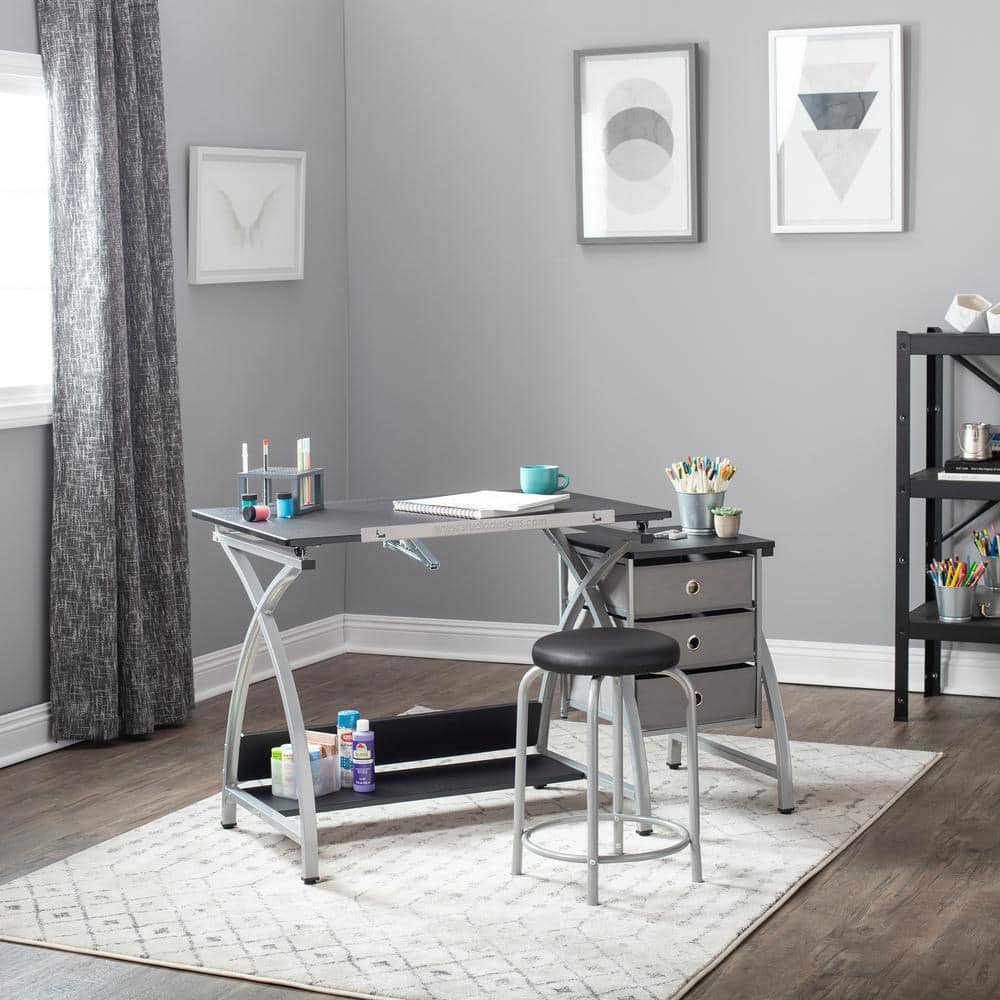Comet Art & Craft Workstation with Storage and Padded Stool, Silver & Black