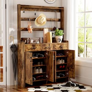 78.7"H x 51.2"W Rustic Brown 4-Door Shoe Storage Cabinet with Coat Racks, 3 Drawers, 8 Shelves, Metal Hooks and Handles