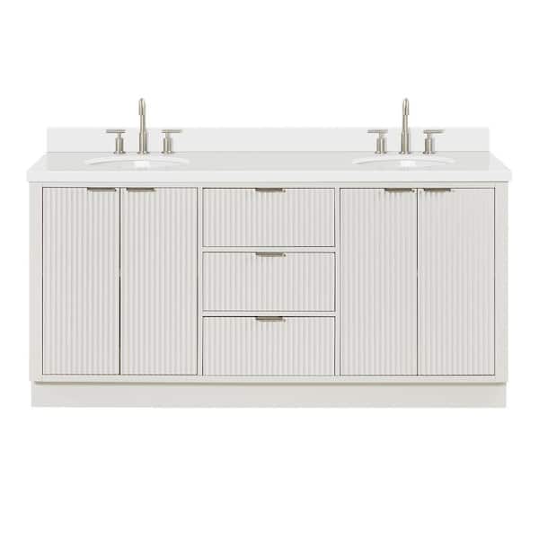 Milan 73 in. W x 21.5 in. D x 36 in. H Double Sink Bath Vanity in Warm White with Pure White Quartz Top