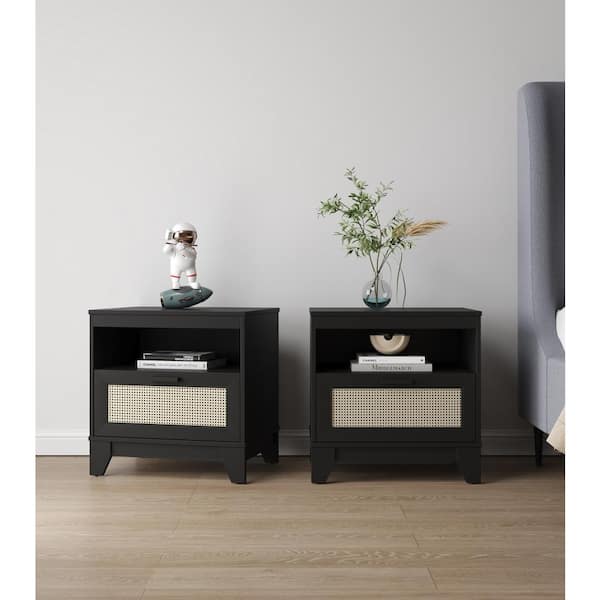 Manhattan Comfort Sheridan Black 1-Drawer 21.63 in. W Mid-Century Modern Cane Nightstand (Set of 2)