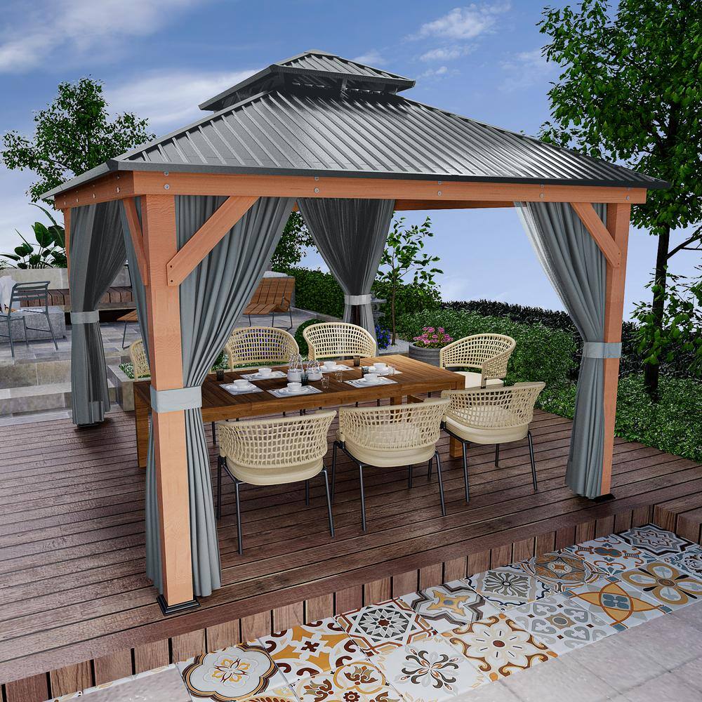 11' x 13' Wooden Patio Gazebo with Black Metal Roof and Gray Curtains