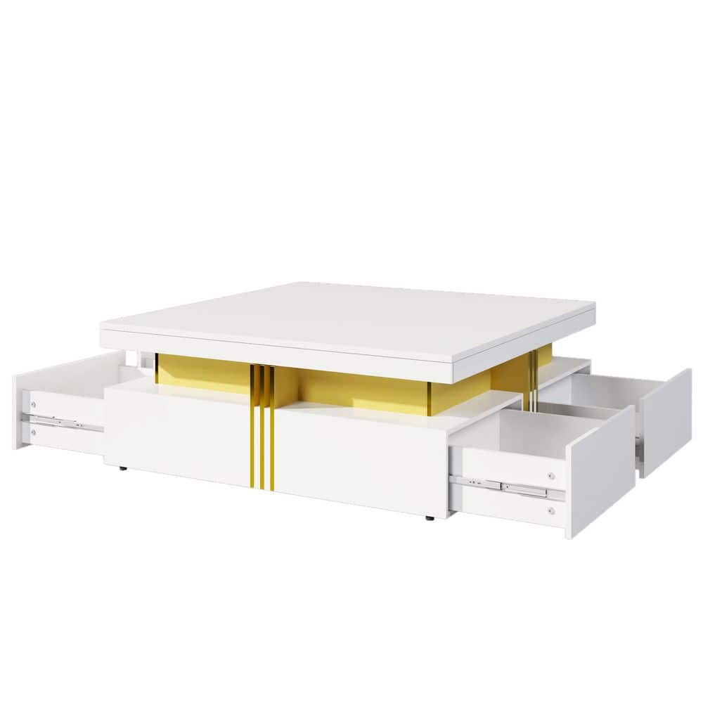White square coffee table with glass top and drawers.