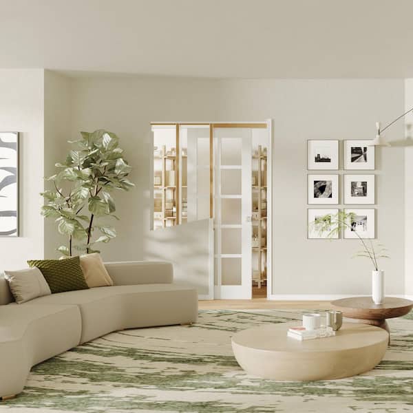 32 in. x 80 in. 10 Lite Frosted Glass White Primed Pine Wood Pocket Door with Lock, Soft Close & Frame Kit, French doors