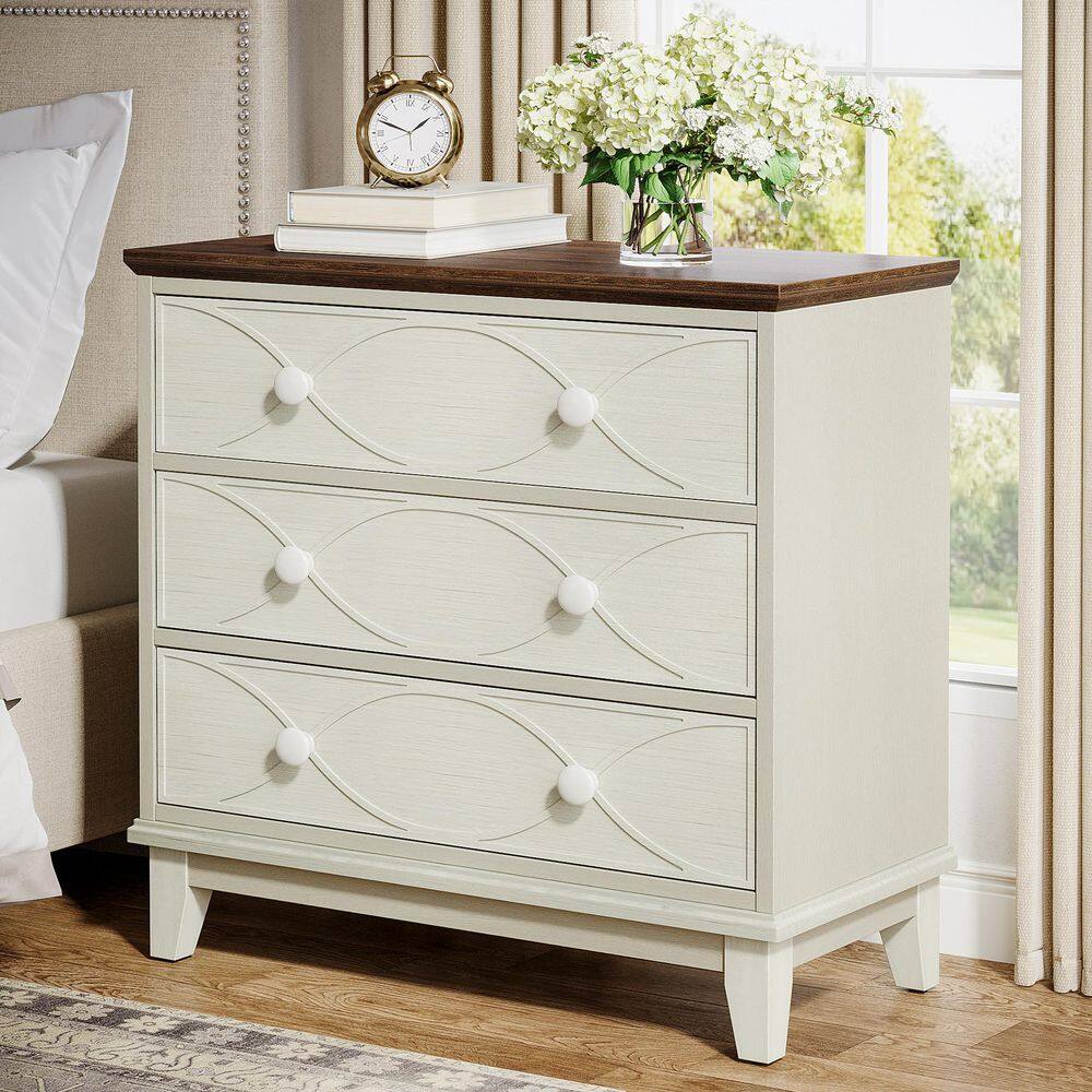 Distressed White and Brown 3-Drawer Farmhouse Nightstand