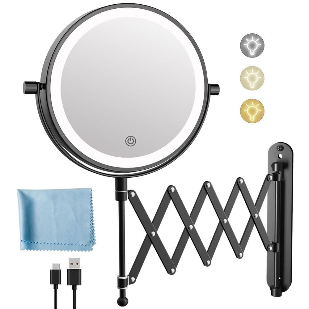 8 in. W x 8 in. H Extendable Double Sided Round Bathroom Makeup Mirror with 3 Color Lights Dimmable Touch Screen, Black price history on PriceWatchPro